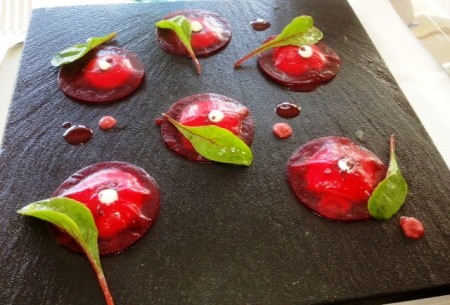 Beet Ravioli with Goat Cheese starter at Le Toiny's Gaïaic Restaurant