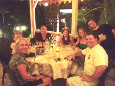 Our first night at Andy's Hideaway  Left to right Peg Walsh, Connie Walsh, Julia Hurd, Kathy Schlitzer, Kim DiMascio, our great waiter Franck and Tom Smyth