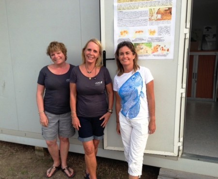 Connie, Peg and Hélène in front of the St. Barth Essentiel office on the top of Gustavia