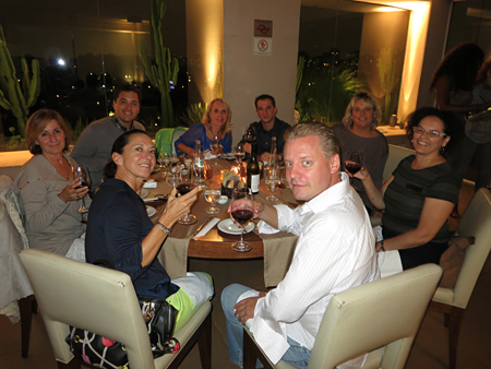 Dining with my colleagues: From center:  Sebastien Maingourd – Hotel Christopher, Sabine Masseglia – Hotel Guanahani; Pascale Minarro- St Barth Properties St Barth office; Gonzalo Pena – Hotel K2 in Courchevel; Peg; Aymeric Bourdin – Hotel Tom Beach; Anne Dentel – St. Barth Tourism Committee; Christiane Chabez – Brazil’s’ rep for St. Barth Tourism