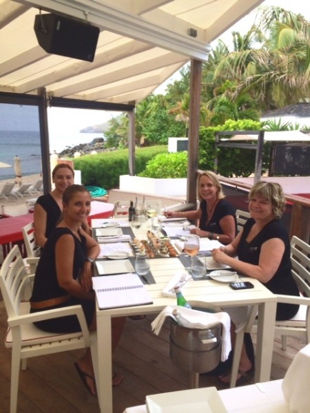 St Barth Properties on island Concierge Magda Votava (left rear), Casa Flamands restaurant manager Alexandra Ruiz (left front) join Connie (right front) and me at the tasting
