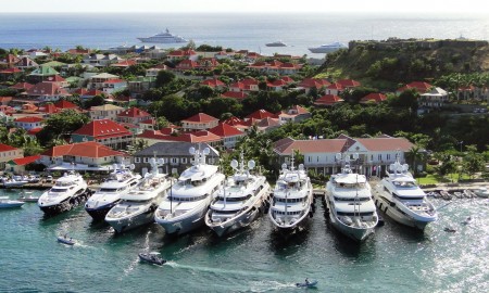 Beautiful yachts line Gustavia harbor in peak season