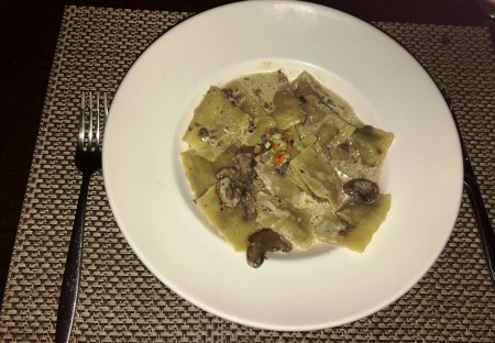 The New Creation of Chef Julien is Beef Ravioli with Mushroom Sauce.  The Recipe is Top Secret.